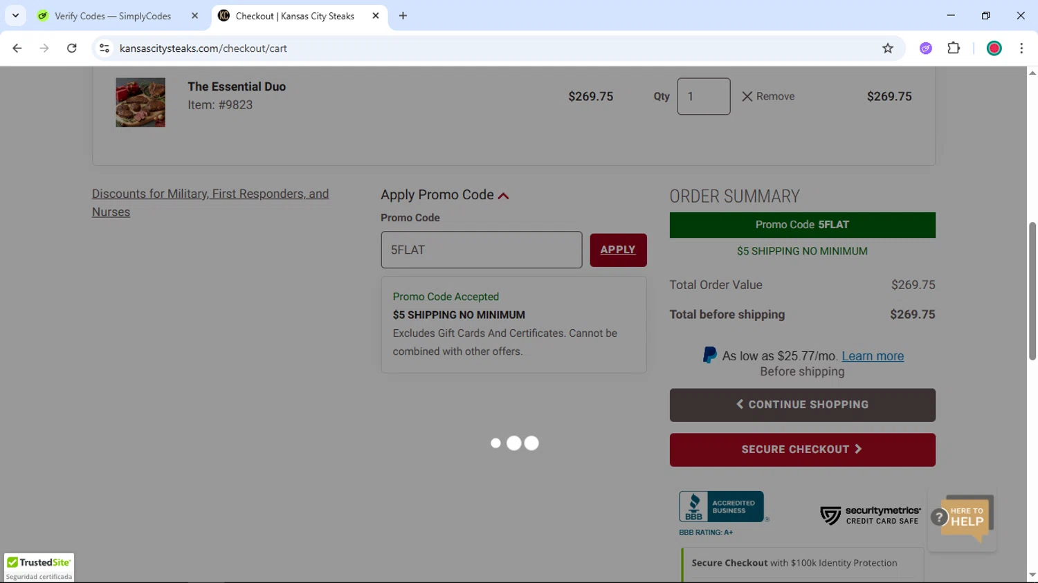 Kansas City Steak Co. promo code screenshot showing code 5FLAT applied at Kansas City Steak Co. checkout page. Uploaded by SimplyCodes community member DiscountSentinel4513 on Oct 31, 2025