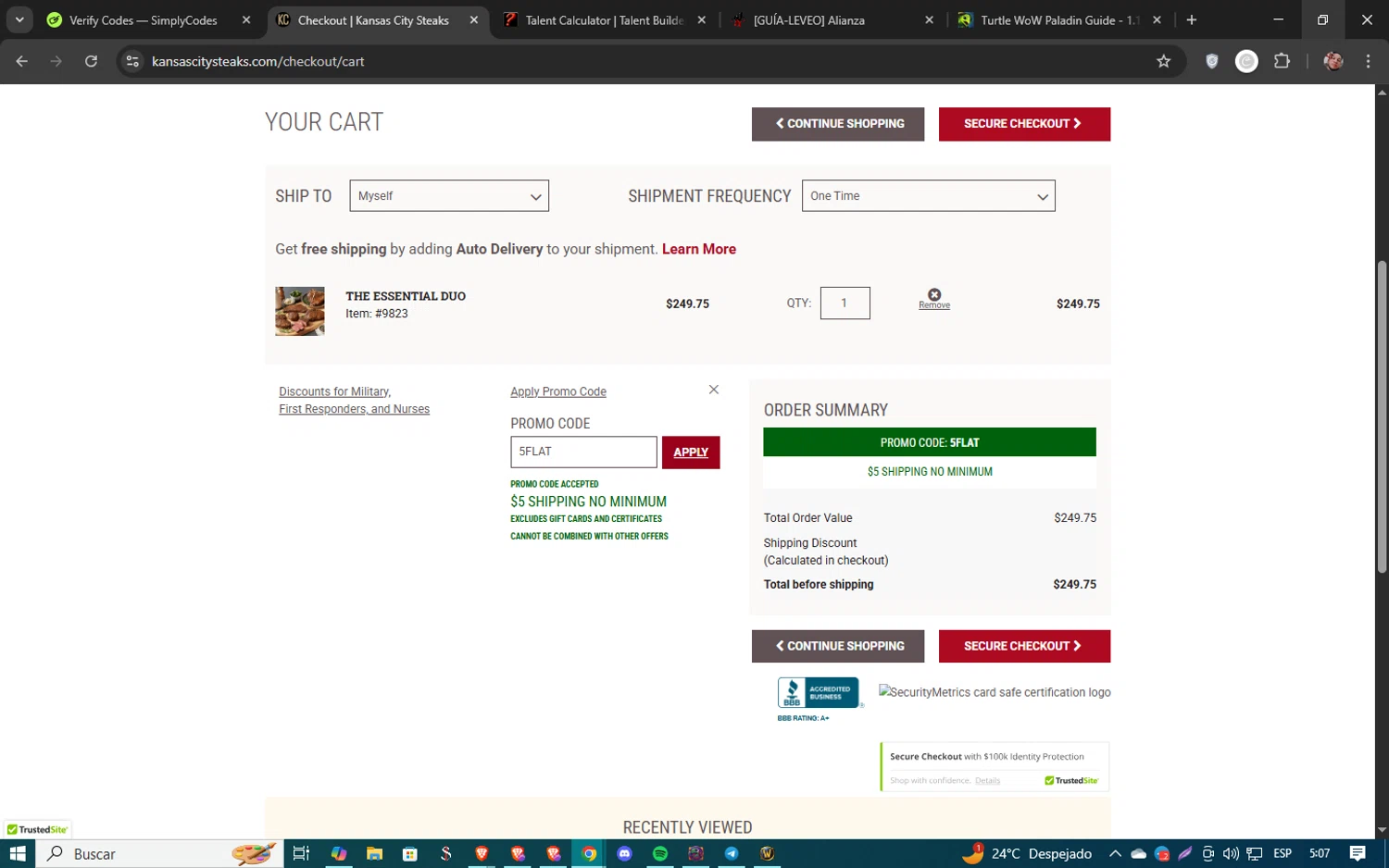 Kansas City Steak Co. promo code screenshot showing code 5FLAT applied at Kansas City Steak Co. checkout page. Uploaded by SimplyCodes community member 61451681 on Apr 15, 2025
