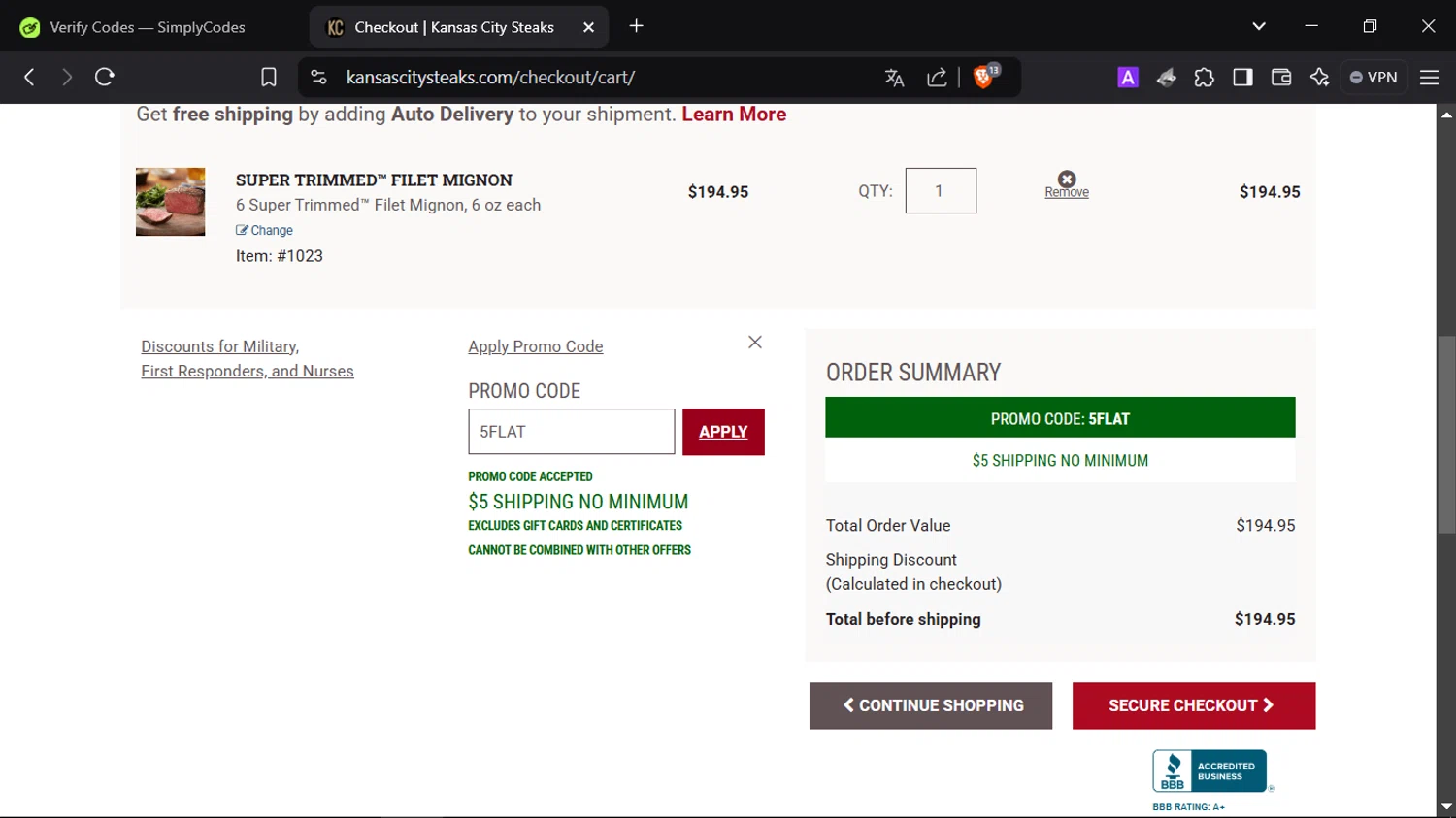 Kansas City Steak Co. promo code screenshot showing code 5FLAT applied at Kansas City Steak Co. checkout page. Uploaded by SimplyCodes community member SmartScholar9589 on Jan 20, 2025