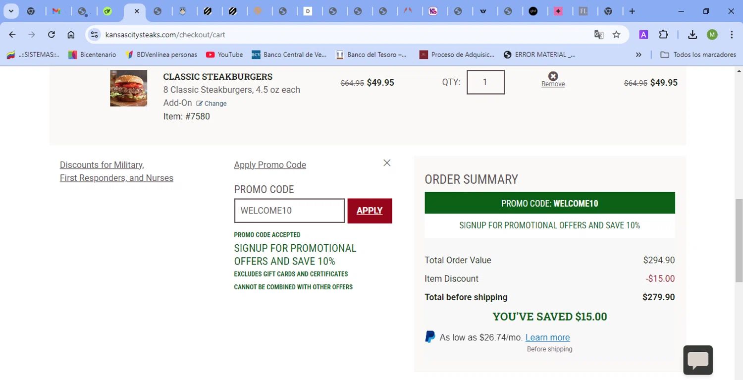 Kansas City Steak Co. promo code screenshot showing code WELCOME10 applied at Kansas City Steak Co. checkout page. Uploaded by SimplyCodes community member Marysan on May 8, 2025