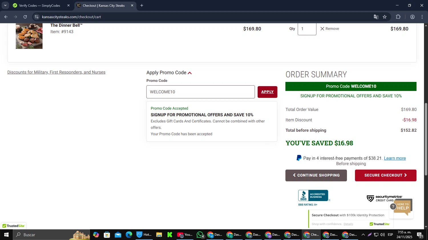 Kansas City Steak Co. promo code screenshot showing code WELCOME10 applied at Kansas City Steak Co. checkout page. Uploaded by SimplyCodes community member MoneyPilot9165 on Nov 24, 2025
