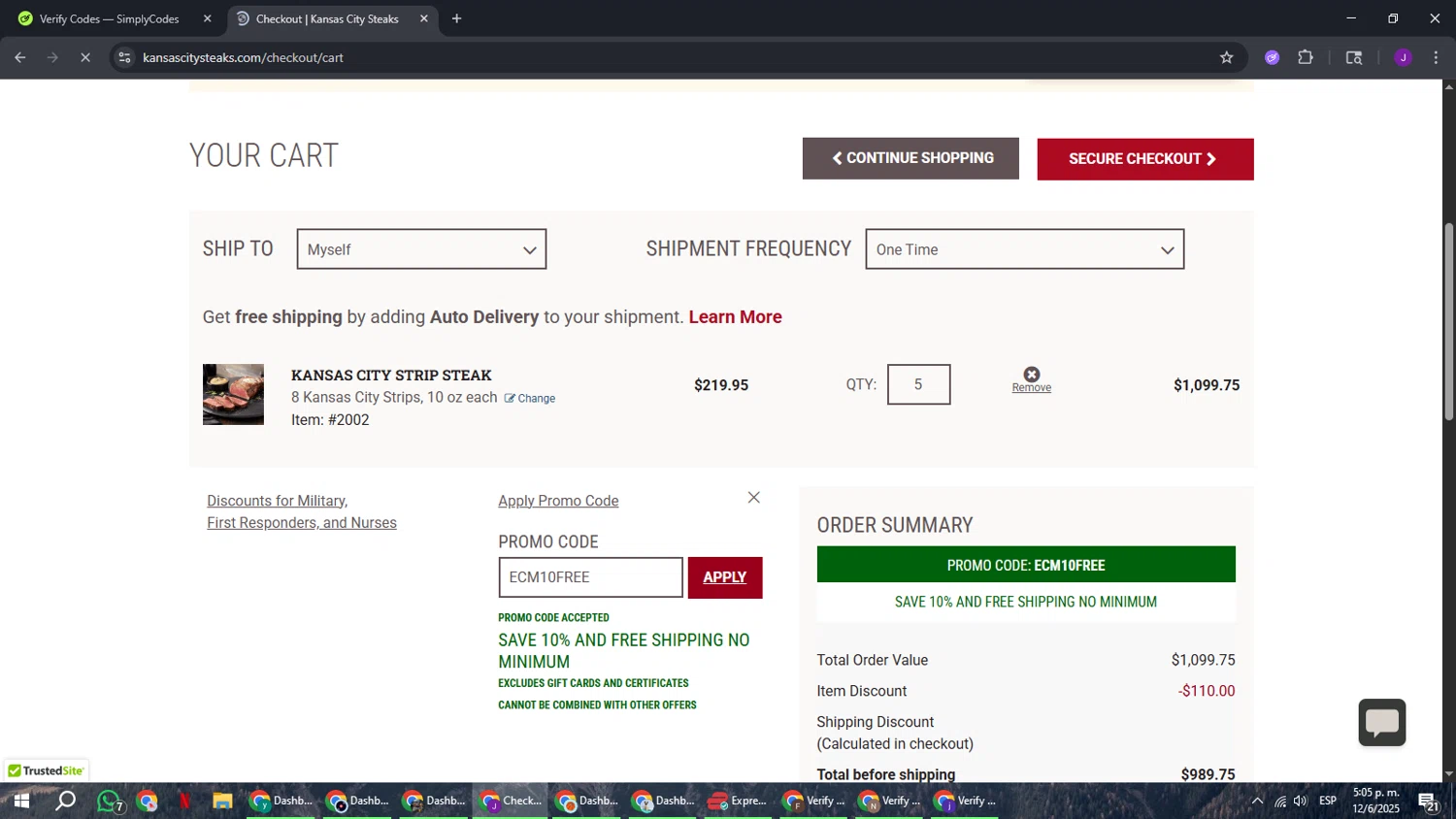 Kansas City Steak Co. promo code screenshot showing code ECM10FREE applied at Kansas City Steak Co. checkout page. Uploaded by SimplyCodes community member ComeBurra123 on Jun 12, 2025