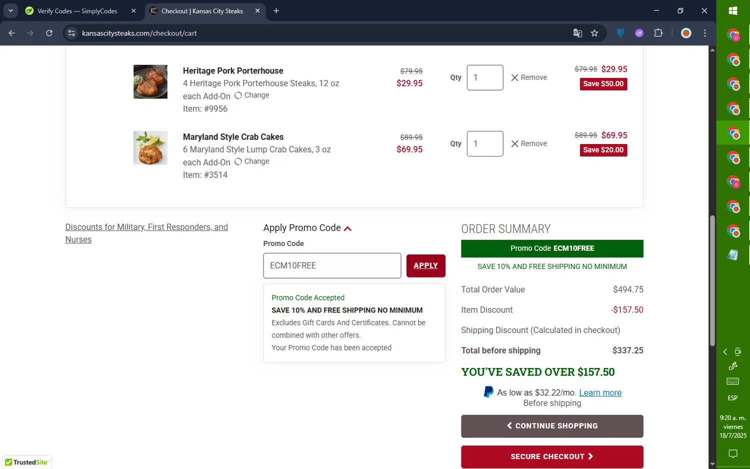 Kansas City Steak Co. promo code screenshot showing code ECM10FREE applied at Kansas City Steak Co. checkout page. Uploaded by SimplyCodes community member GoldPilot5958 on Jul 18, 2025
