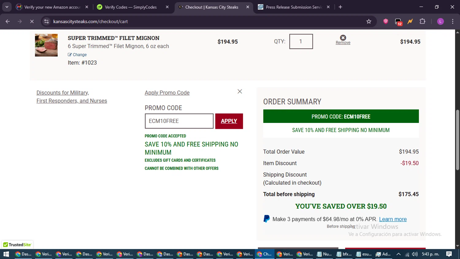Kansas City Steak Co. promo code screenshot showing code ECM10FREE applied at Kansas City Steak Co. checkout page. Uploaded by SimplyCodes community member RewardScout5160 on Jun 19, 2025