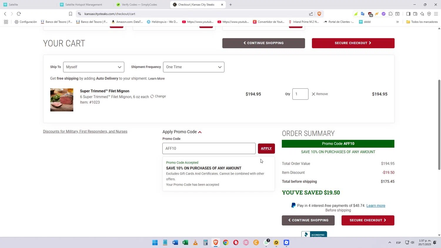Kansas City Steak Co. promo code screenshot showing code AFF10 applied at Kansas City Steak Co. checkout page. Uploaded by SimplyCodes community member Darkosukaru on Jul 20, 2025