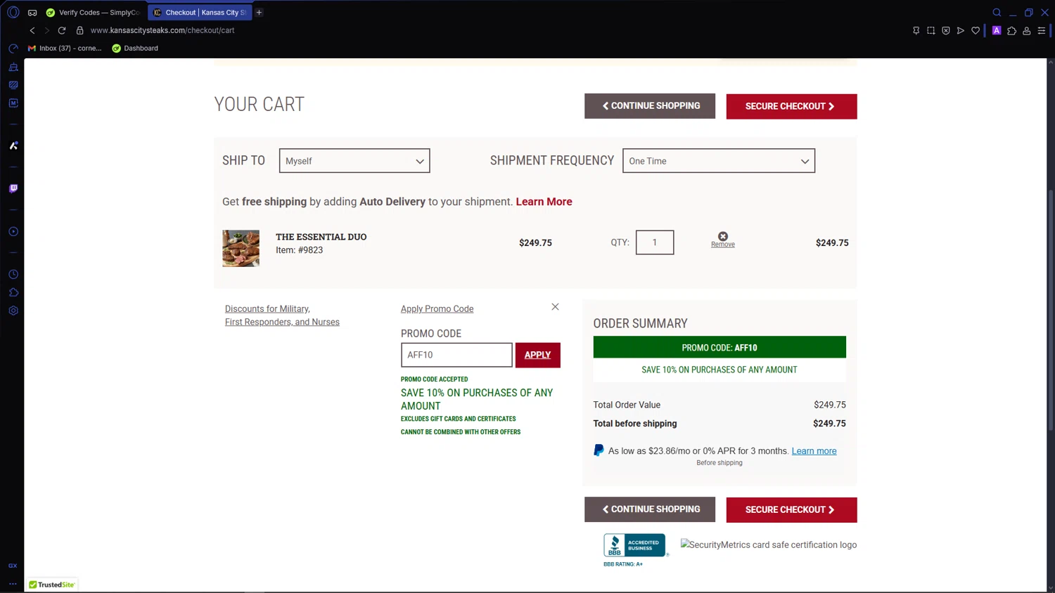 Kansas City Steak Co. promo code screenshot showing code AFF10 applied at Kansas City Steak Co. checkout page. Uploaded by SimplyCodes community member VictoriousCaptain3902 on Jun 21, 2025