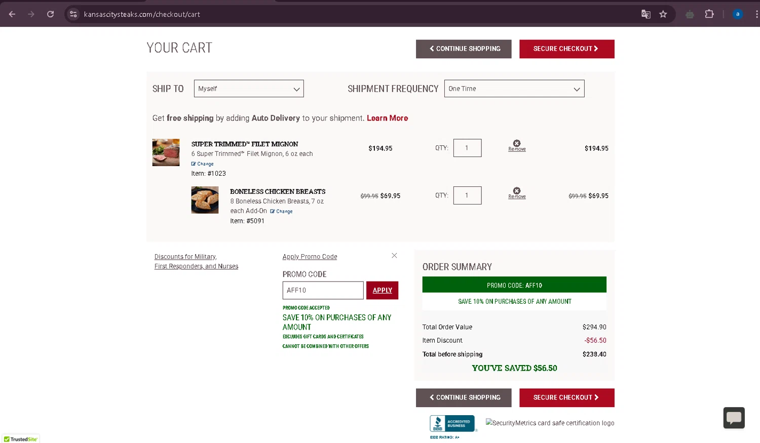 Kansas City Steak Co. promo code screenshot showing code AFF10 applied at Kansas City Steak Co. checkout page. Uploaded by SimplyCodes community member yuss007 on Apr 24, 2025