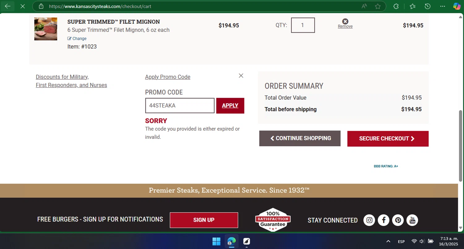 Kansas City Steak Co. promo code screenshot showing code 44STEAKA applied at Kansas City Steak Co. checkout page. Uploaded by SimplyCodes community member chepipro on Mar 16, 2025