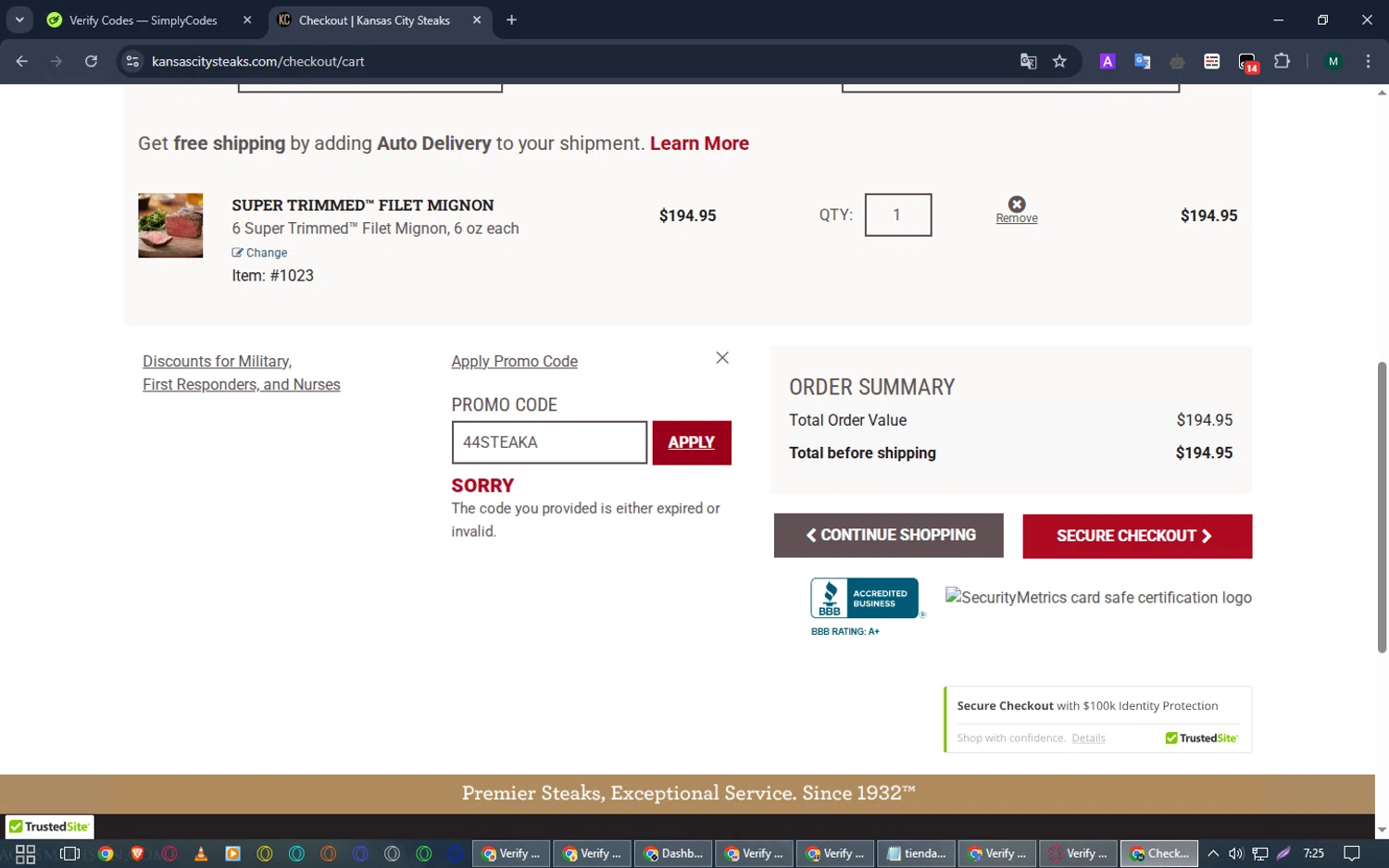Kansas City Steak Co. promo code screenshot showing code 44STEAKA applied at Kansas City Steak Co. checkout page. Uploaded by SimplyCodes community member ScanCurator288 on Mar 16, 2025