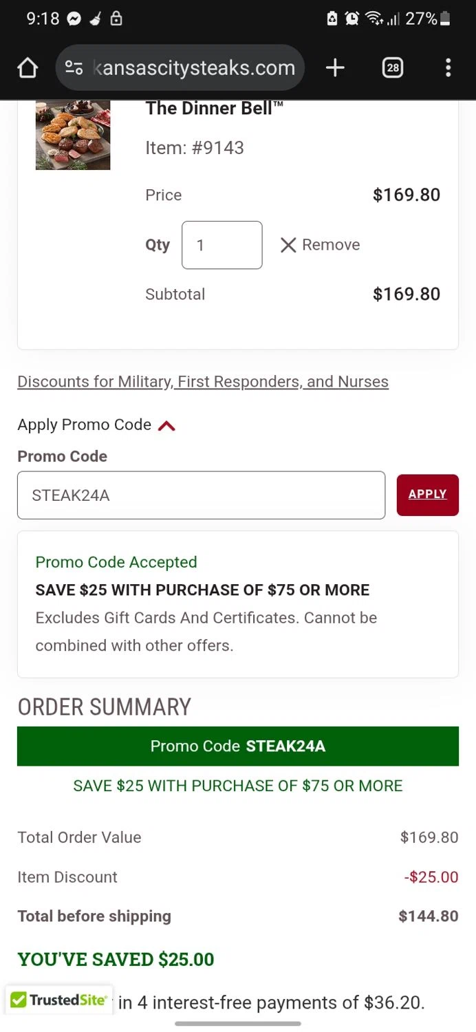 Kansas City Steak Co. checkout page showing Kansas City Steak Co. promo code box | Screenshot taken by SimplyCodes community member on Nov 12, 2025