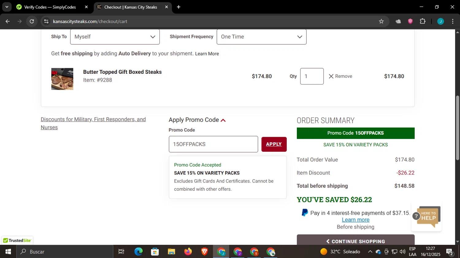 Kansas City Steak Co. checkout page showing Kansas City Steak Co. promo code box | Screenshot taken by SimplyCodes community member on Dec 16, 2025