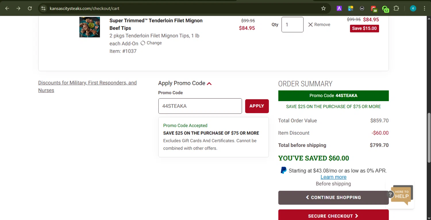 Kansas City Steak Co. promo code screenshot showing code 44STEAKA applied at Kansas City Steak Co. checkout page. Uploaded by SimplyCodes community member PrincessCoupon on Jan 5, 2026
