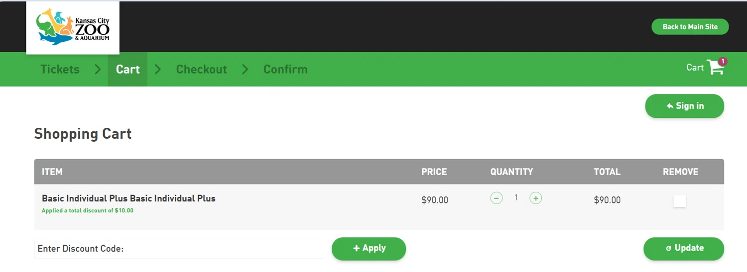 Kansas City Zoo discount code screenshot showing code CLSELLS applied at Kansas City Zoo checkout page. Uploaded by SimplyCodes community member ______________________________ on May 6, 2025