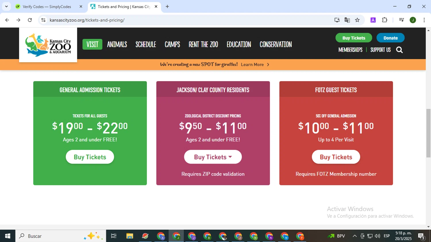 Kansas City Zoo discount code screenshot showing code SPRING25 applied at Kansas City Zoo checkout page. Uploaded by SimplyCodes community member CleverSeeker3529 on Mar 20, 2025