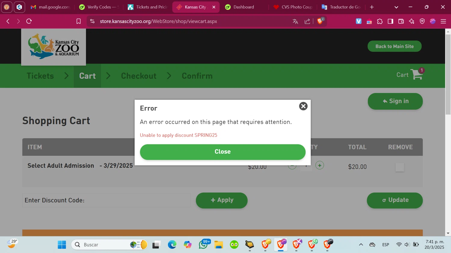 Kansas City Zoo discount code screenshot showing code SPRING25 applied at Kansas City Zoo checkout page. Uploaded by SimplyCodes community member ShrewdMonarch4436 on Mar 20, 2025