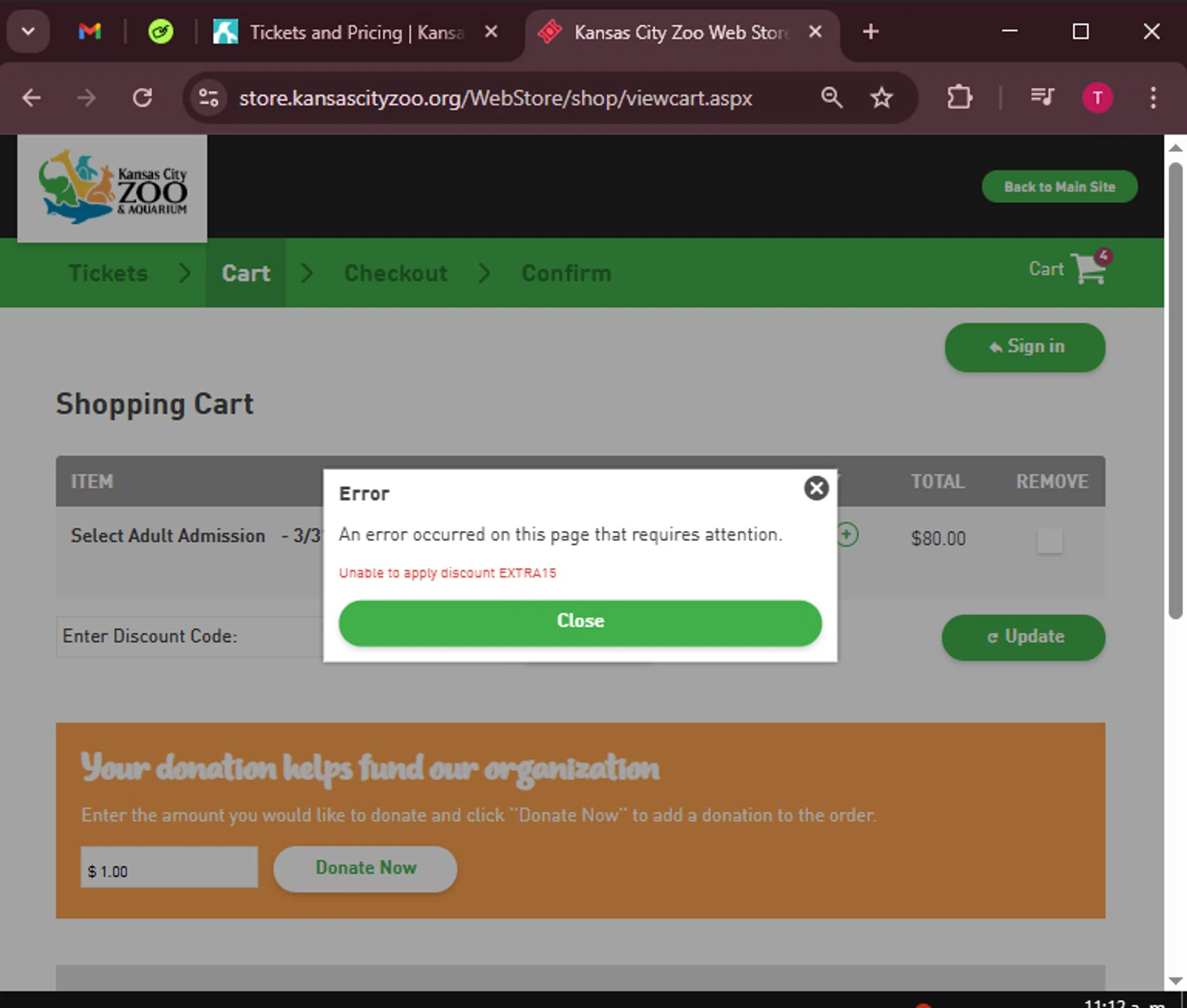 Kansas City Zoo discount code screenshot showing code EXTRA15 applied at Kansas City Zoo checkout page. Uploaded by SimplyCodes community member WiseScout3498 on Mar 17, 2025