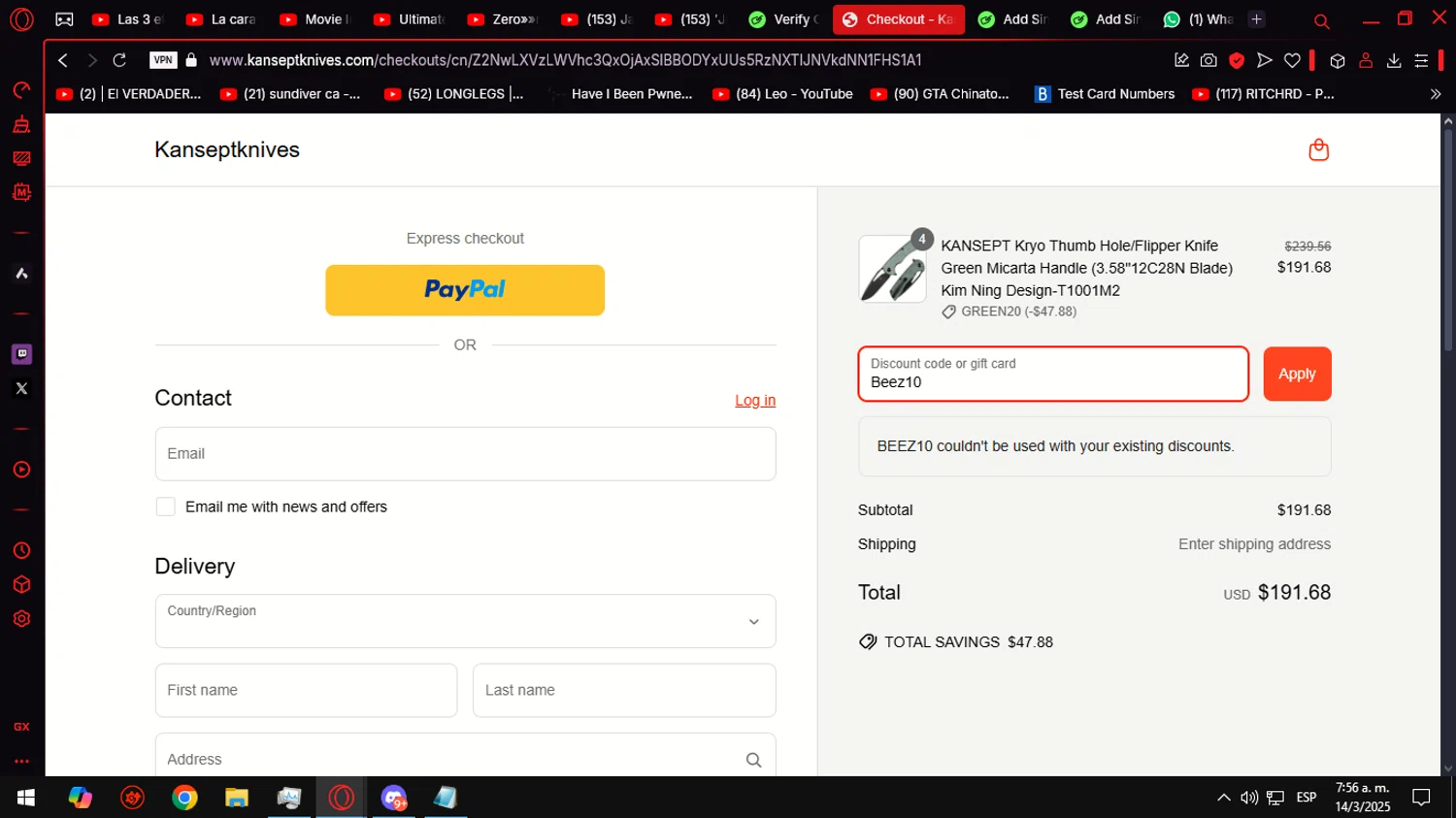 Kansept Knives discount code screenshot showing code Beez10 applied at Kansept Knives checkout page. Uploaded by SimplyCodes community member Helpme on Mar 14, 2025