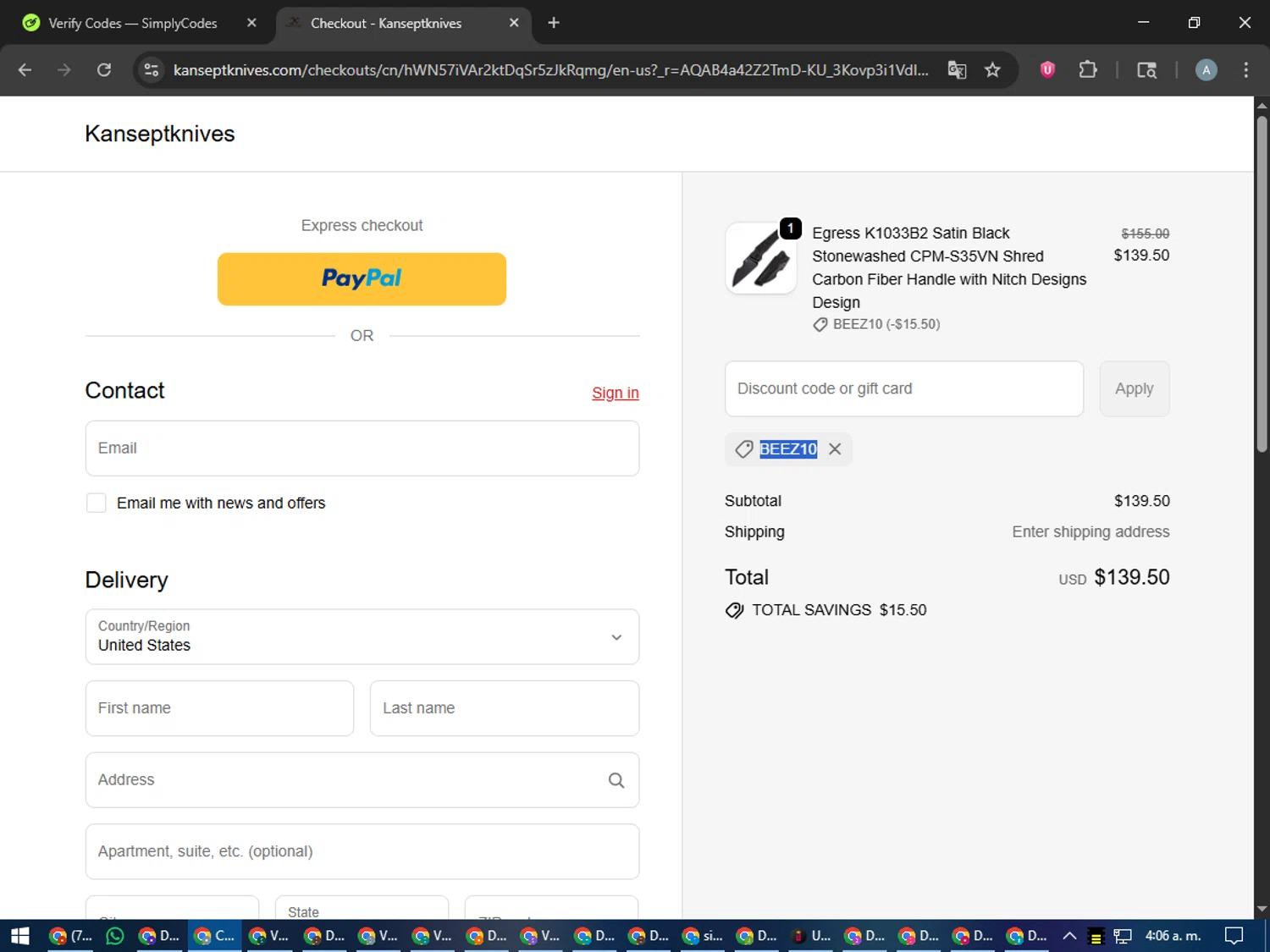 Kansept Knives discount code screenshot showing code Beez10 applied at Kansept Knives checkout page. Uploaded by SimplyCodes community member trippieredd on Nov 10, 2025