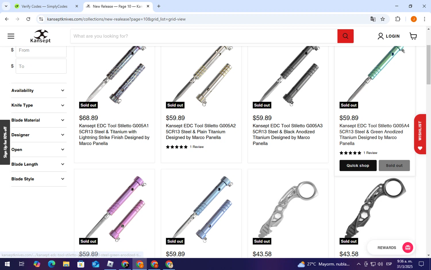 Kansept Knives discount code screenshot showing code THANKYOU10 applied at Kansept Knives checkout page. Uploaded by SimplyCodes community member TheCreature on Mar 31, 2025