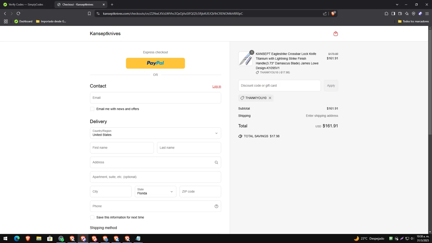 Kansept Knives discount code screenshot showing code THANKYOU10 applied at Kansept Knives checkout page. Uploaded by SimplyCodes community member yesenia on Mar 31, 2025