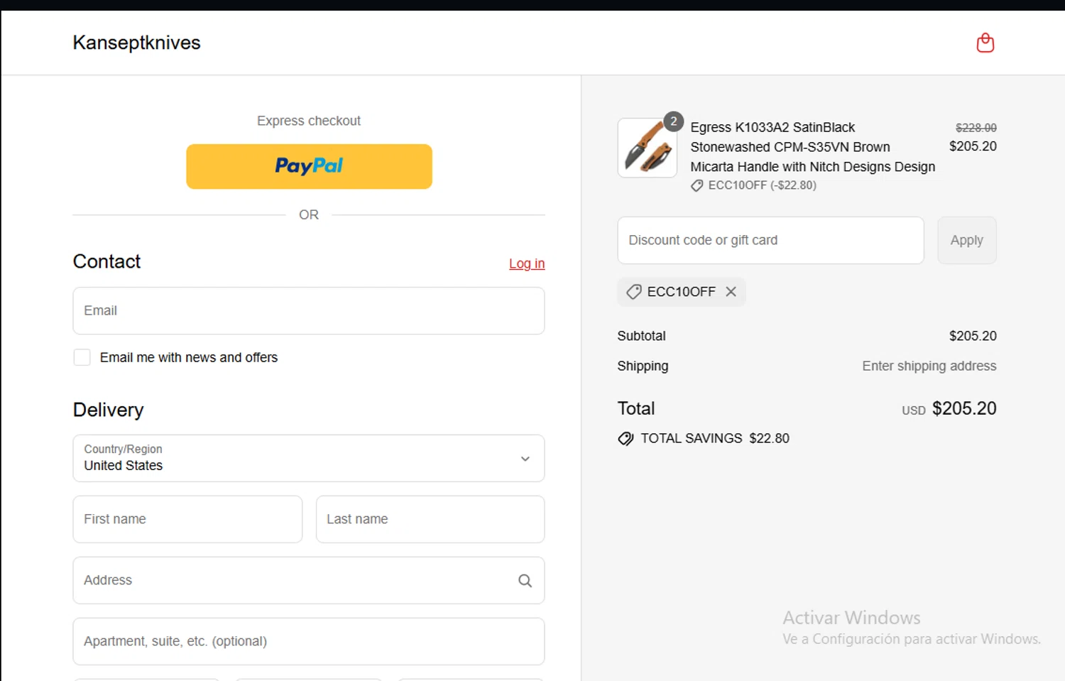 Kansept Knives discount code screenshot showing code ECC10OFF applied at Kansept Knives checkout page. Uploaded by SimplyCodes community member Gary_23 on Aug 1, 2025