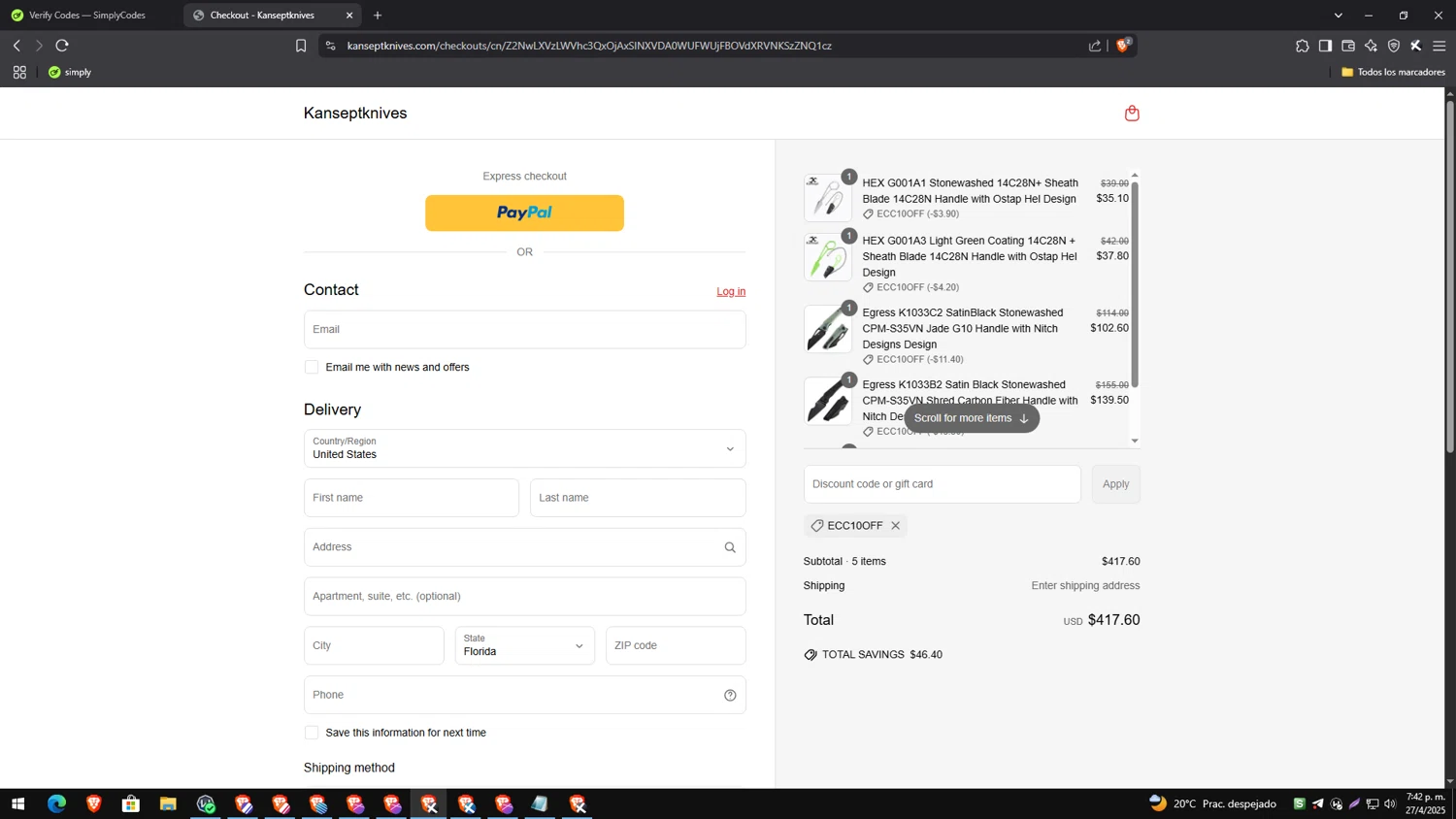 Kansept Knives discount code screenshot showing code ECC10OFF applied at Kansept Knives checkout page. Uploaded by SimplyCodes community member TreasureEagle7585 on Apr 27, 2025