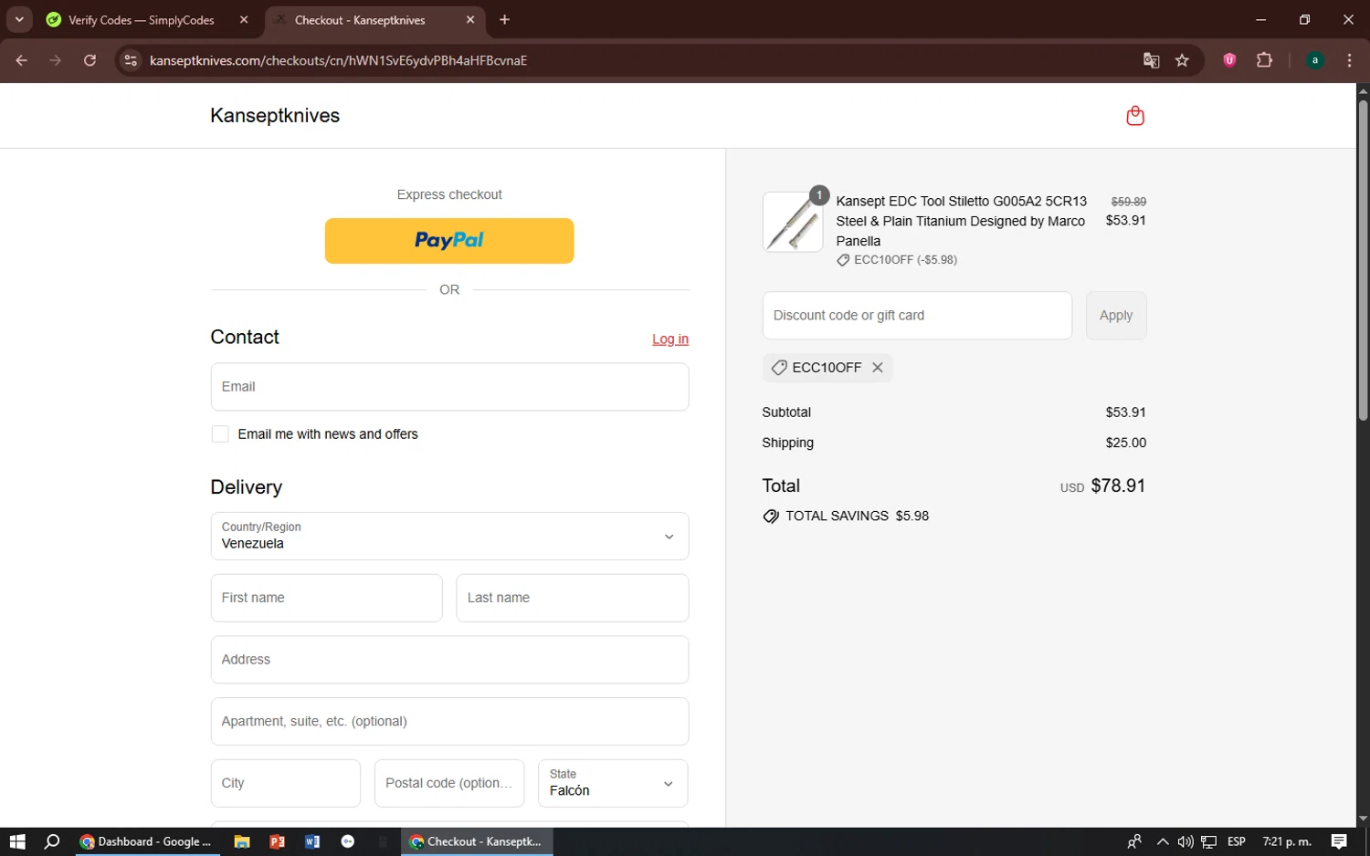 Kansept Knives discount code screenshot showing code ECC10OFF applied at Kansept Knives checkout page. Uploaded by SimplyCodes community member zizu55 on Aug 5, 2025