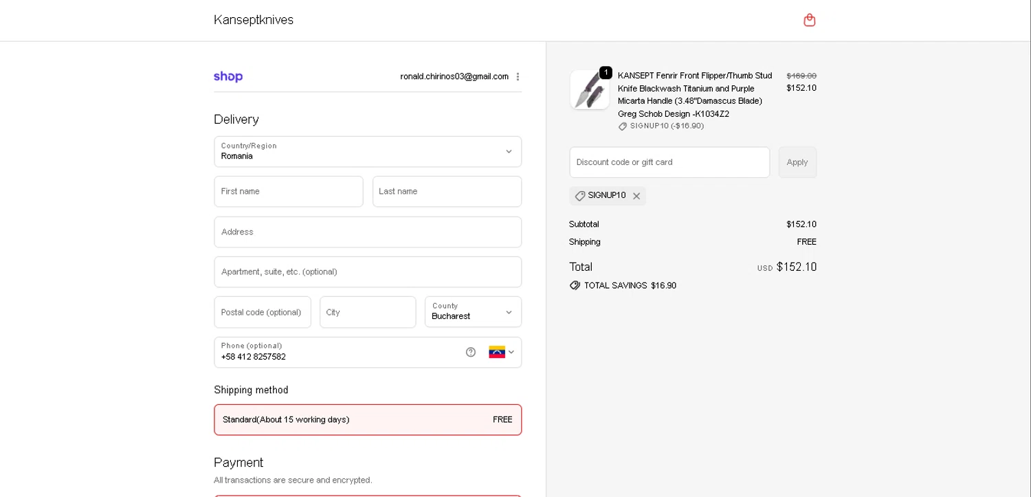 Kansept Knives discount code screenshot showing code Signup10 applied at Kansept Knives checkout page. Uploaded by SimplyCodes community member PennySage5996 on Dec 18, 2025