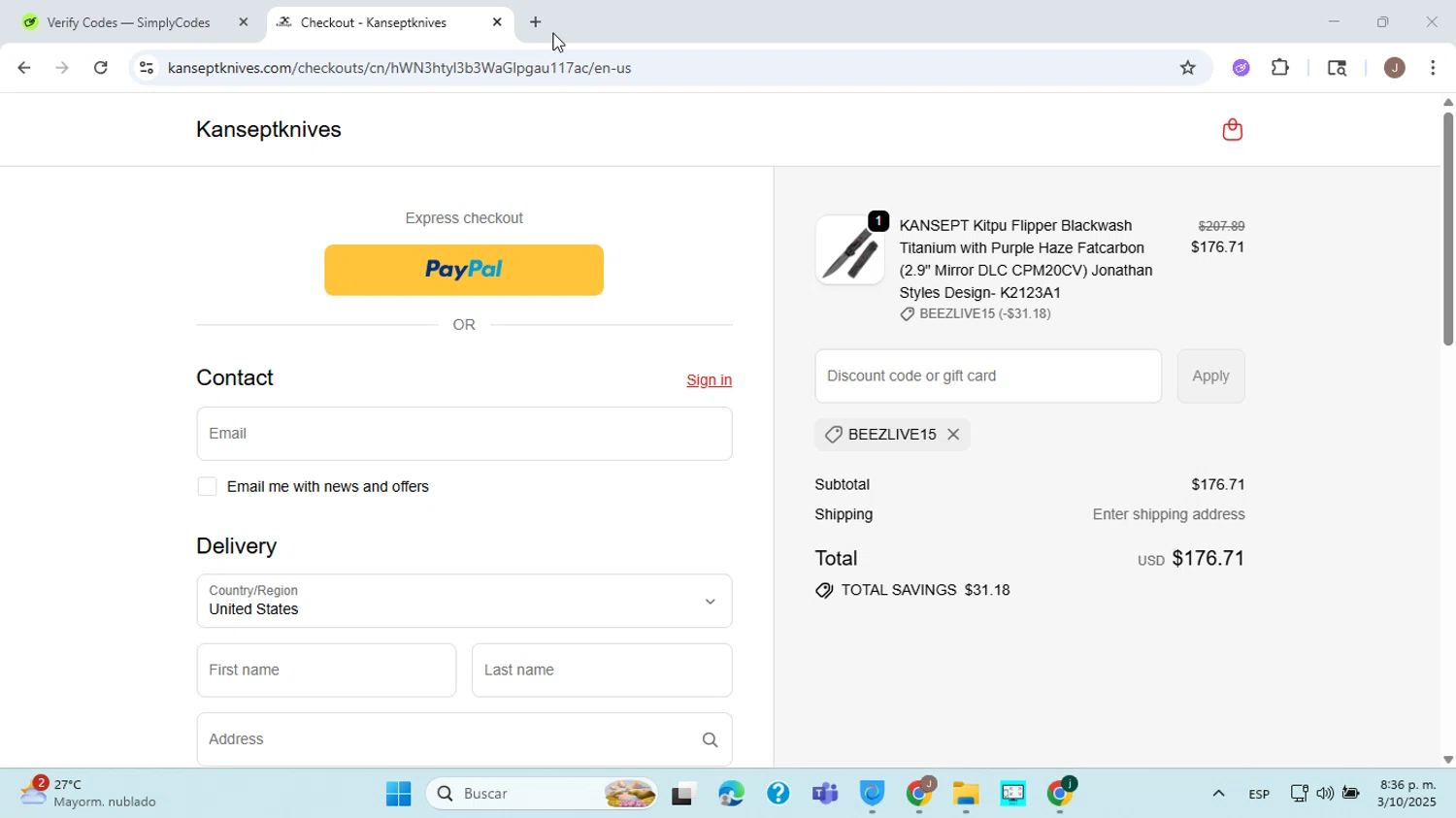 Kansept Knives discount code screenshot showing code BEEZLIVE15 applied at Kansept Knives checkout page. Uploaded by SimplyCodes community member ABHF23 on Oct 4, 2025
