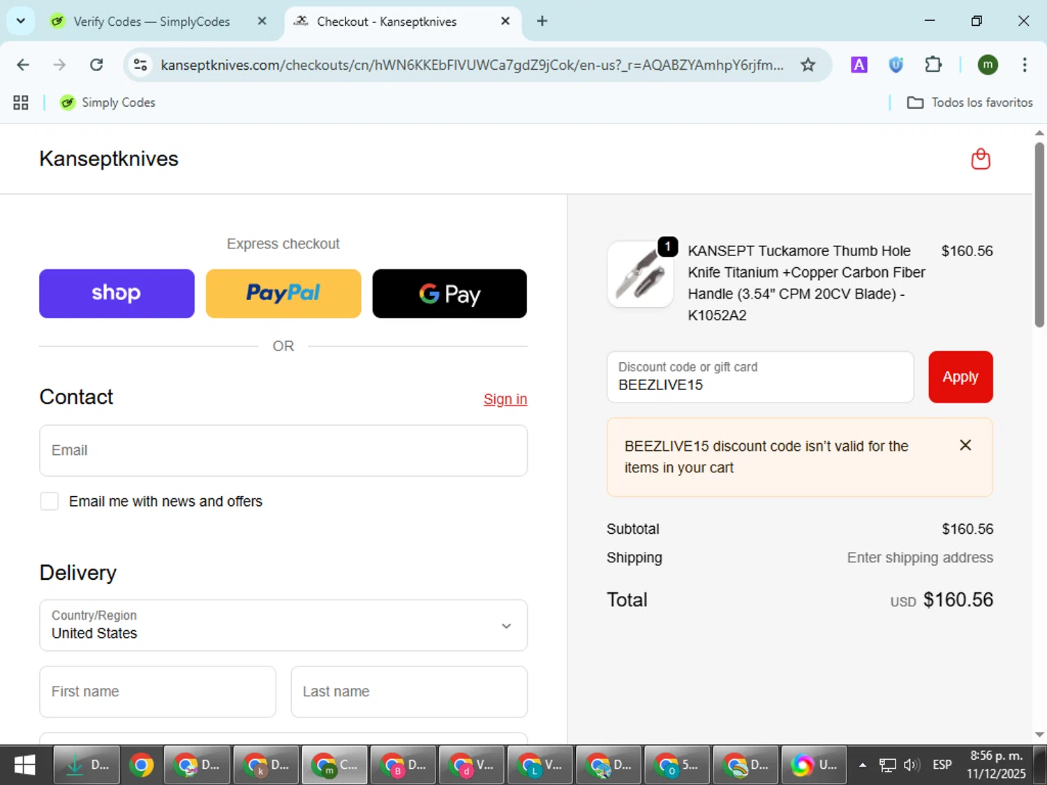 Kansept Knives discount code screenshot showing code BEEZLIVE15 applied at Kansept Knives checkout page. Uploaded by SimplyCodes community member VoucherCollector9196 on Dec 12, 2025
