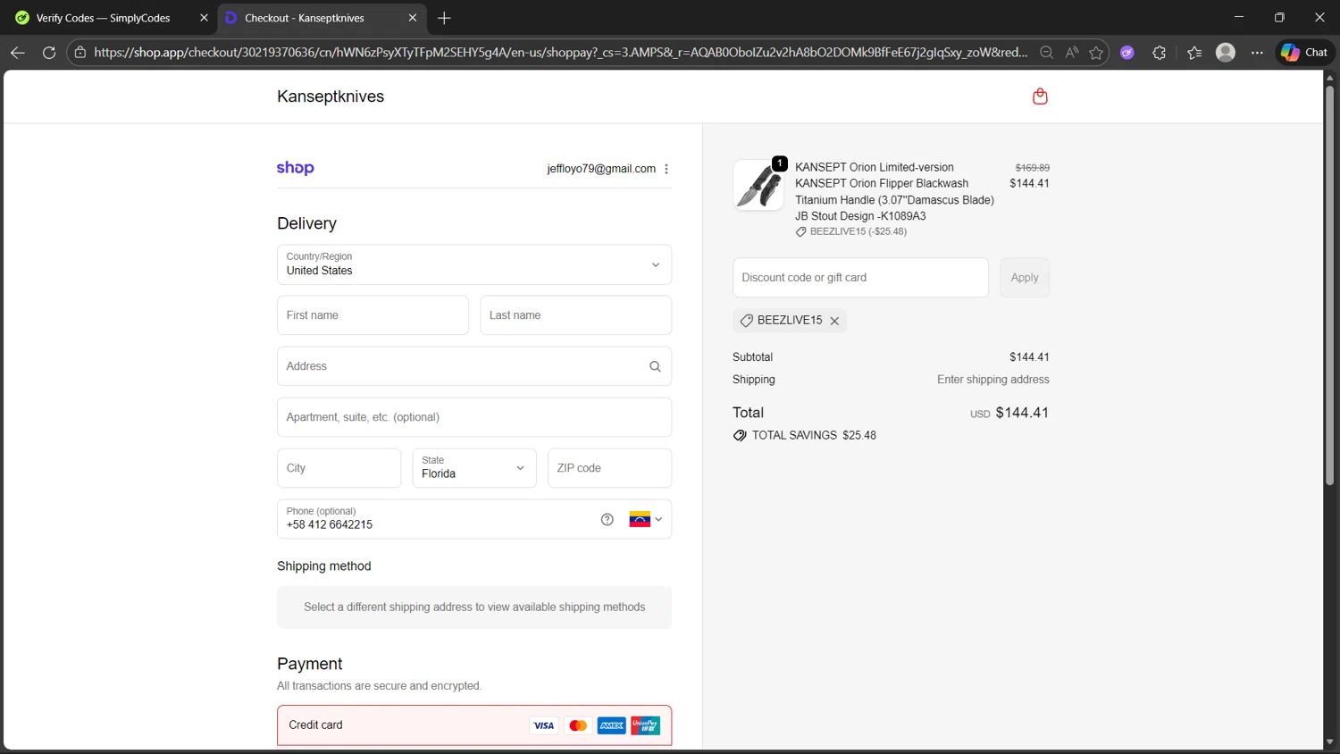 Kansept Knives discount code screenshot showing code BEEZLIVE15 applied at Kansept Knives checkout page. Uploaded by SimplyCodes community member dragonjeffer_93a9 on Dec 29, 2025