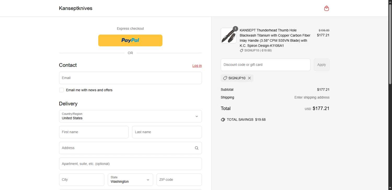 Kansept Knives discount code screenshot showing code Signup10 applied at Kansept Knives checkout page. Uploaded by SimplyCodes community member Serdanvz on Jun 20, 2025