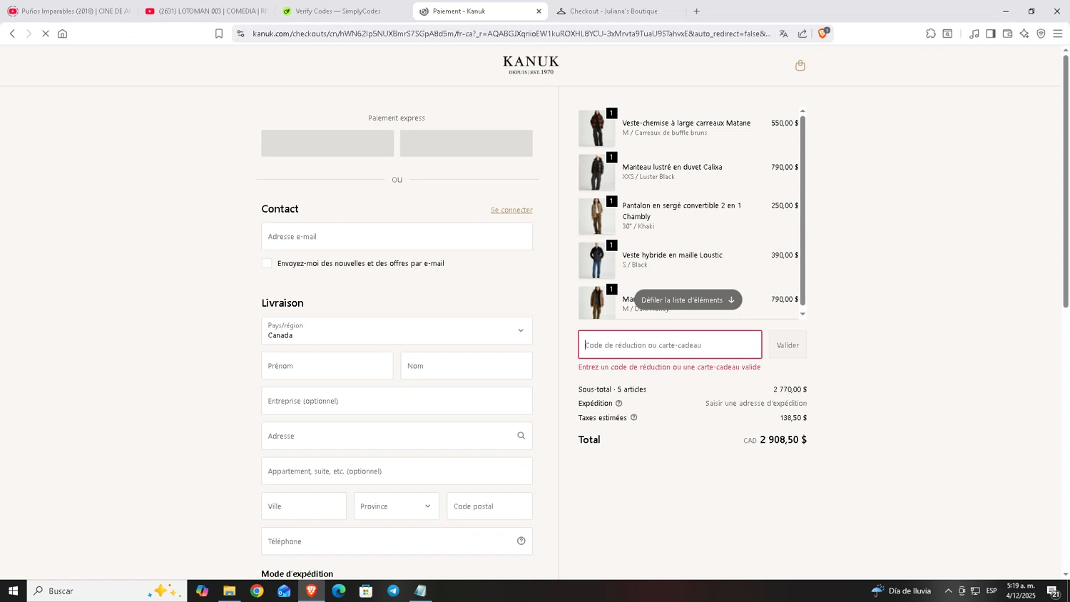 Kanuk discount code screenshot showing code 15%ONSALE applied at Kanuk checkout page. Uploaded by SimplyCodes community member Carloscoder_900457733 on Dec 4, 2025