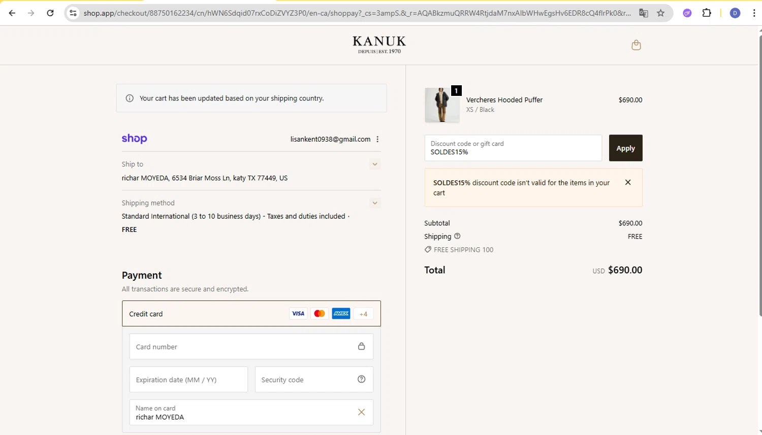 Kanuk discount code screenshot showing code SOLDES15% applied at Kanuk checkout page. Uploaded by SimplyCodes community member d566ty on Dec 15, 2025
