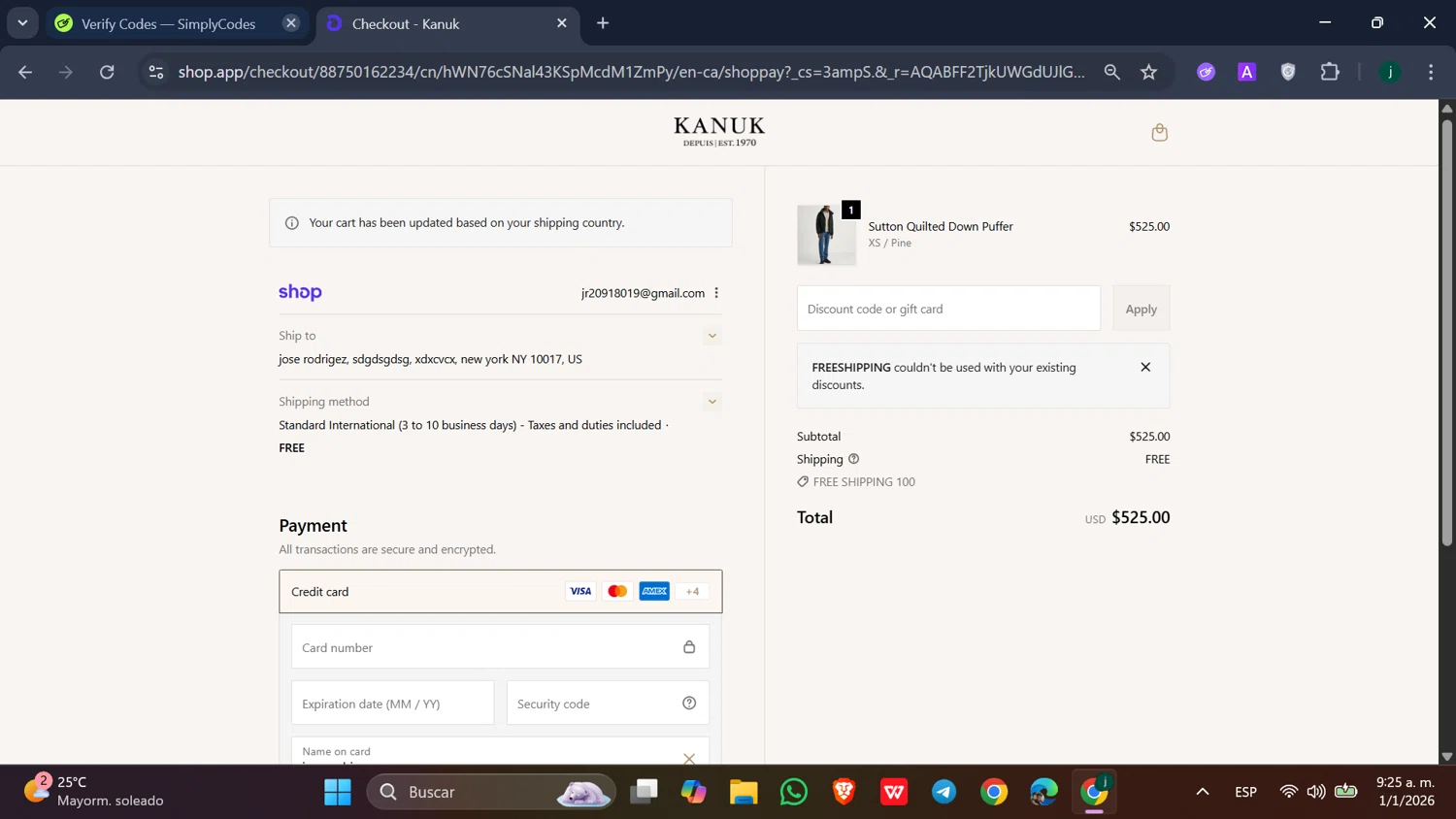 Kanuk checkout page showing Kanuk discount code box | Screenshot taken by SimplyCodes community member on Jan 1, 2026