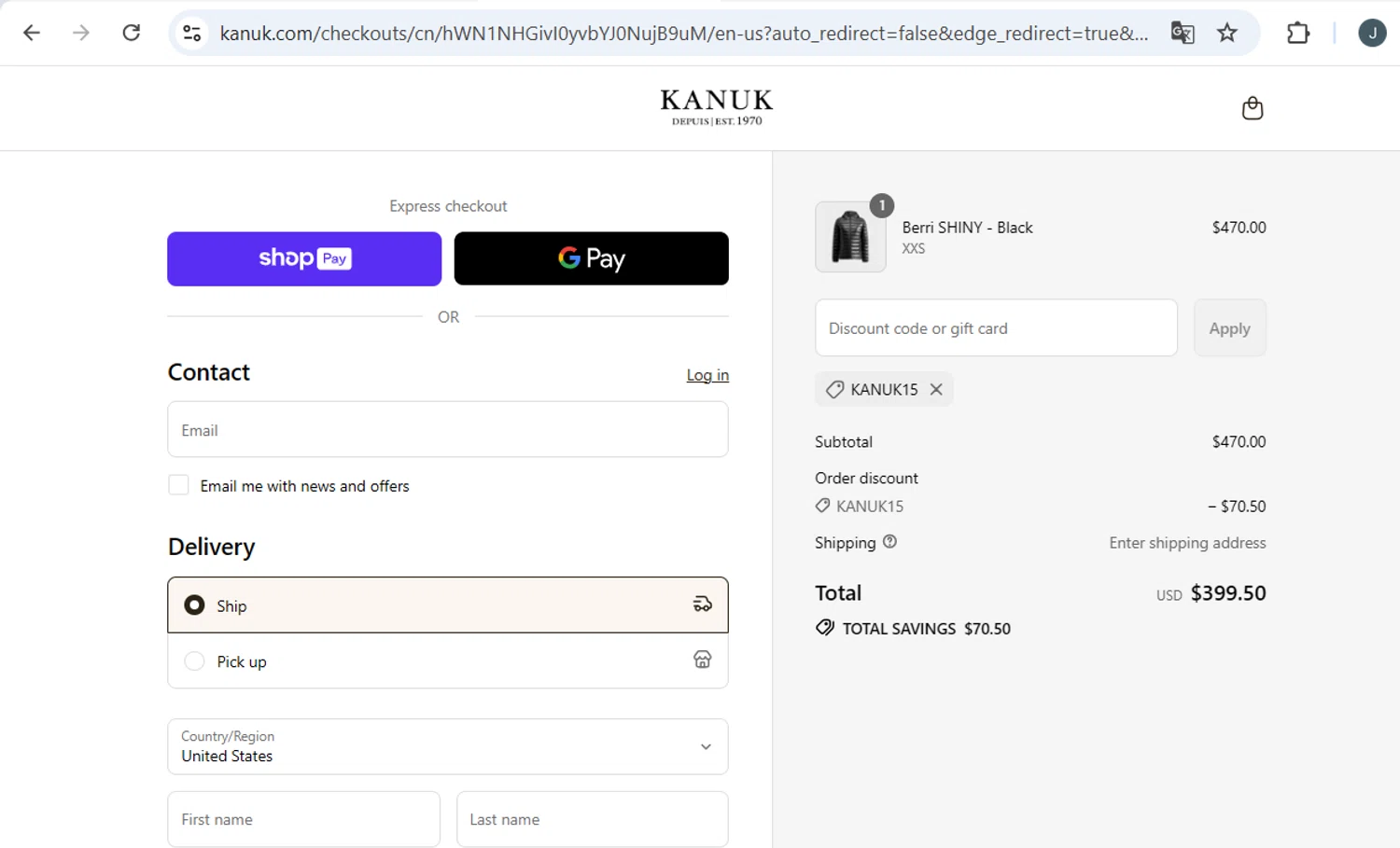 Kanuk discount code screenshot showing code kanuk15 applied at Kanuk checkout page. Uploaded by SimplyCodes community member BB9542251456527 on Aug 3, 2025