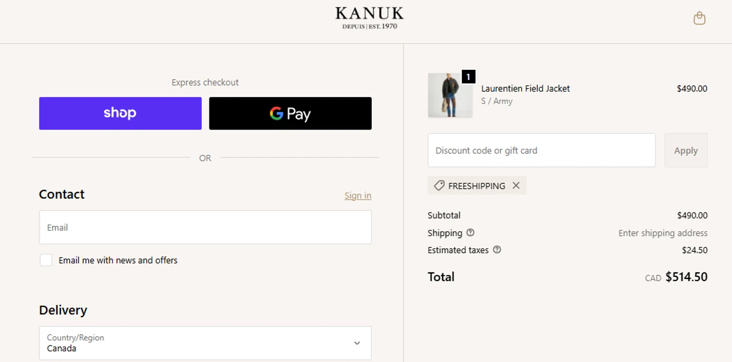 Kanuk discount code screenshot showing code FREESHIPPING applied at Kanuk checkout page. Uploaded by SimplyCodes community member Jhonny on Dec 24, 2025
