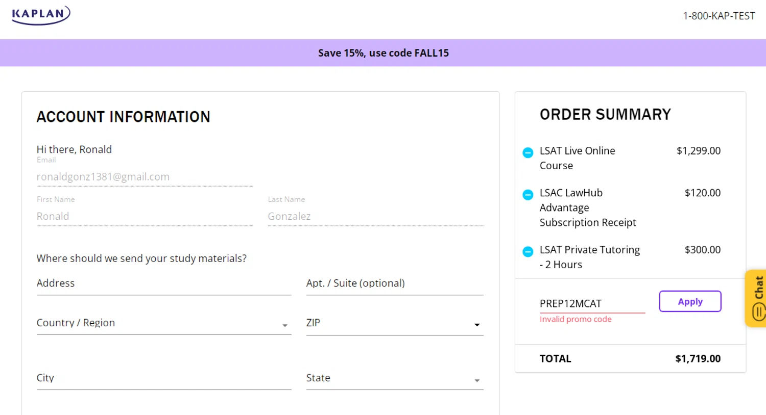 Kaplan promo code screenshot showing code PREP12MCAT applied at Kaplan checkout page. Uploaded by SimplyCodes community member Ronald13 on Aug 8, 2025