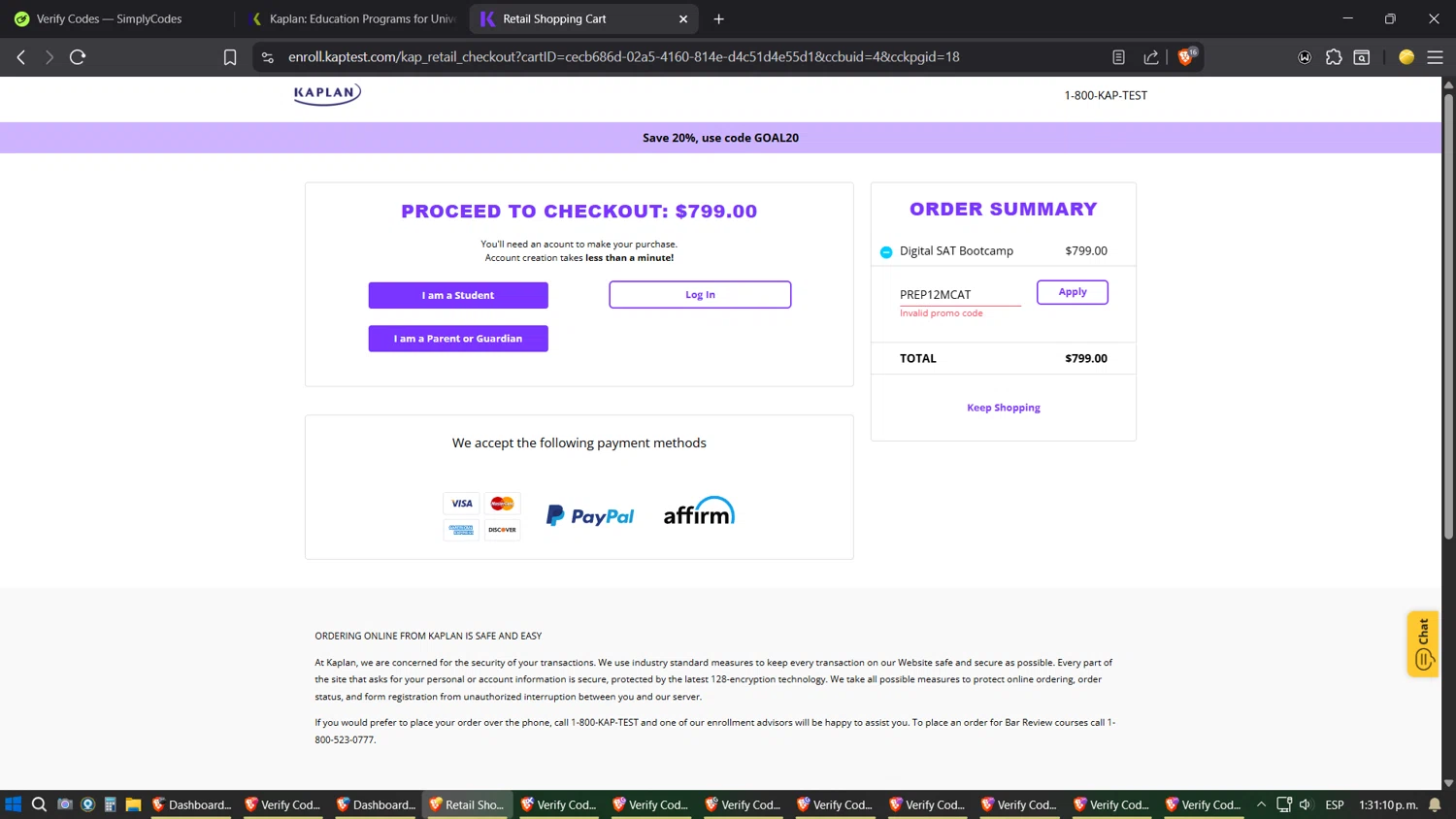 Kaplan promo code screenshot showing code PREP12MCAT applied at Kaplan checkout page. Uploaded by SimplyCodes community member ZoilaPerrita on Aug 8, 2025