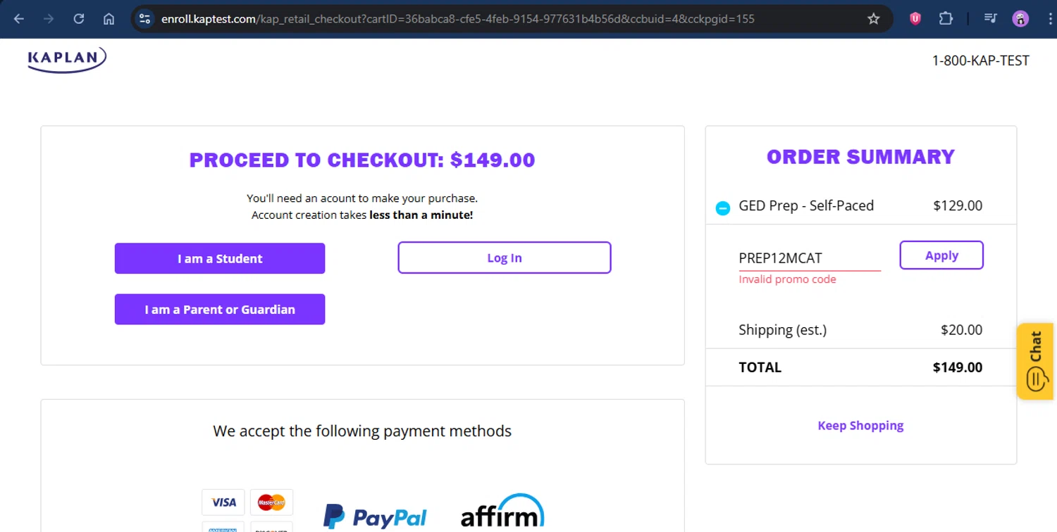 Kaplan promo code screenshot showing code PREP12MCAT applied at Kaplan checkout page. Uploaded by SimplyCodes community member rapc3030 on Aug 8, 2025