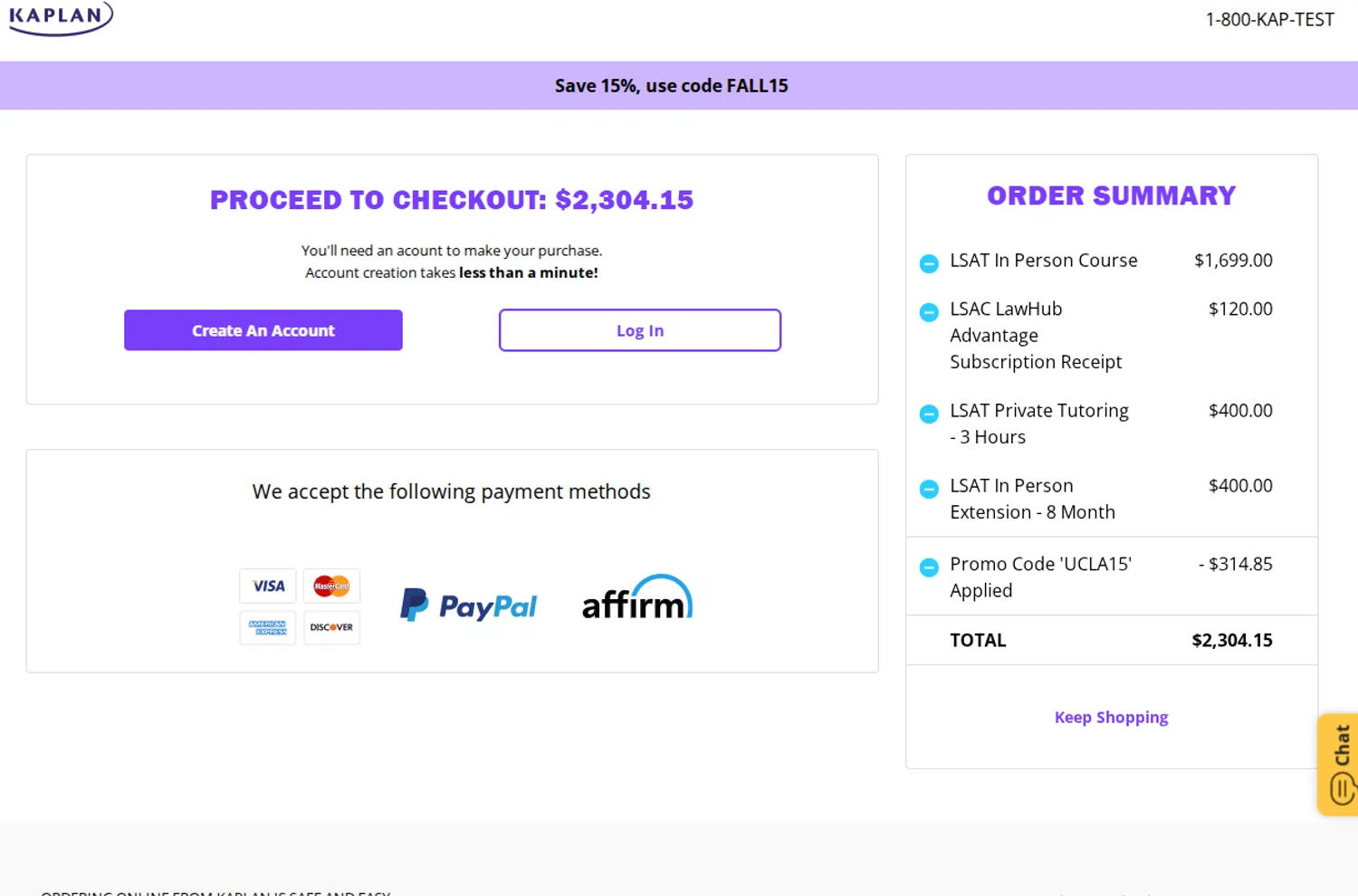 Kaplan promo code screenshot showing code UCLA15 applied at Kaplan checkout page. Uploaded by SimplyCodes community member FrugalKnight782 on Aug 4, 2025