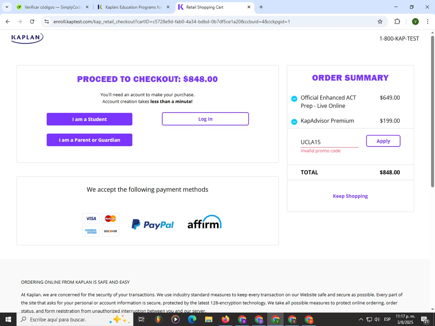 Kaplan promo code screenshot showing code UCLA15 applied at Kaplan checkout page. Uploaded by SimplyCodes community member PrimeWizard4168 on Aug 4, 2025