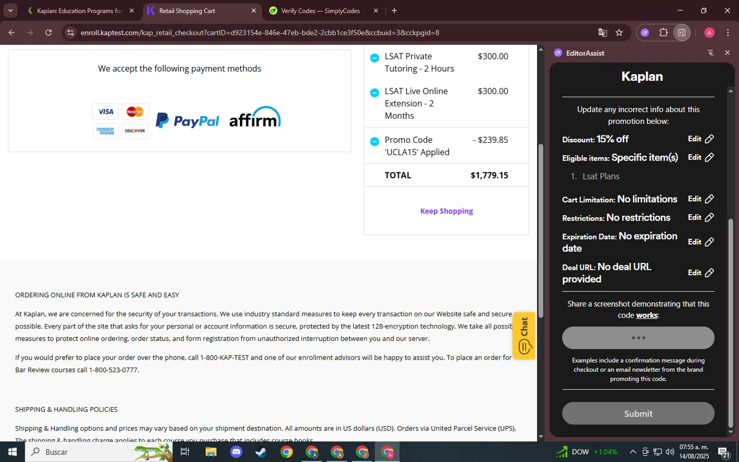 Kaplan promo code screenshot showing code UCLA15 applied at Kaplan checkout page. Uploaded by SimplyCodes community member SaleScholar6713 on Aug 14, 2025