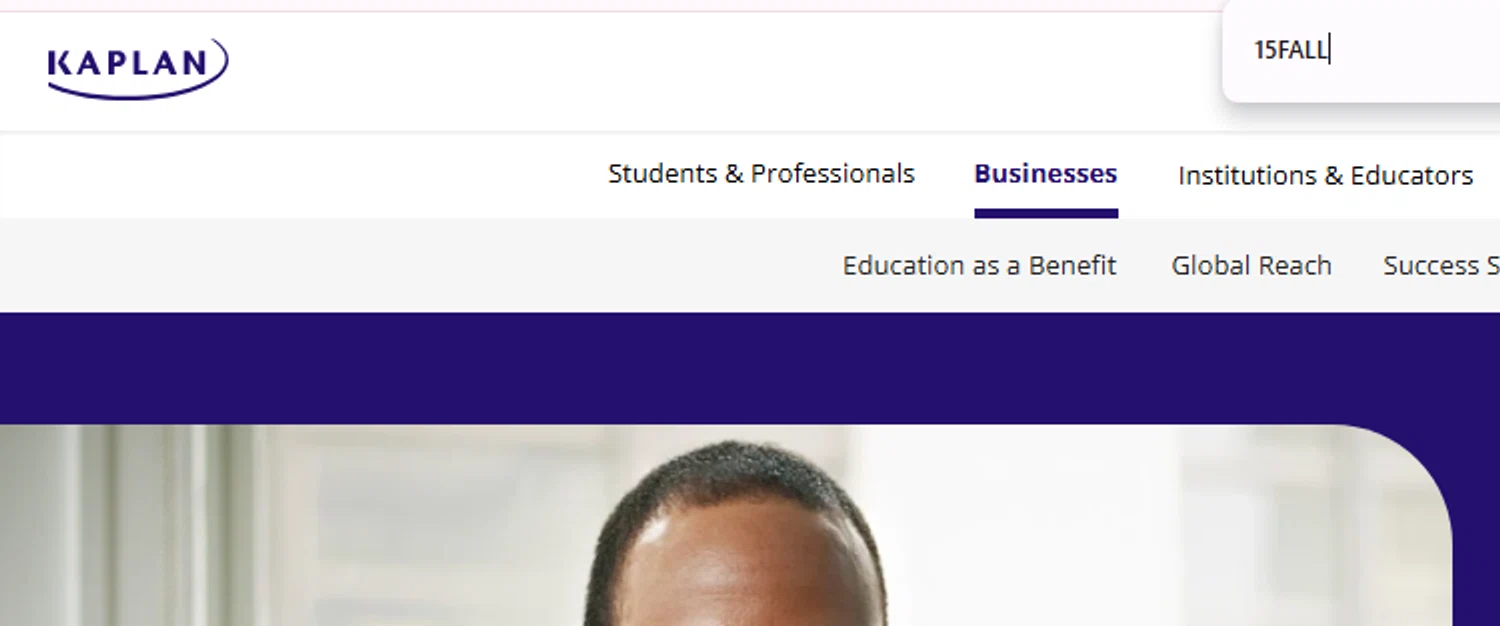 Kaplan promo code screenshot showing code 15FALL applied at Kaplan checkout page. Uploaded by SimplyCodes community member CleverHero2900 on Aug 27, 2025