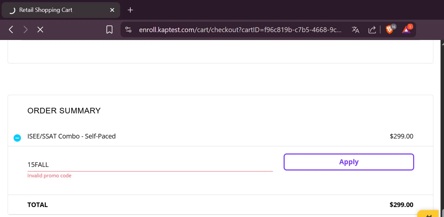 Kaplan promo code screenshot showing code 15FALL applied at Kaplan checkout page. Uploaded by SimplyCodes community member CoinHero1292 on Aug 27, 2025