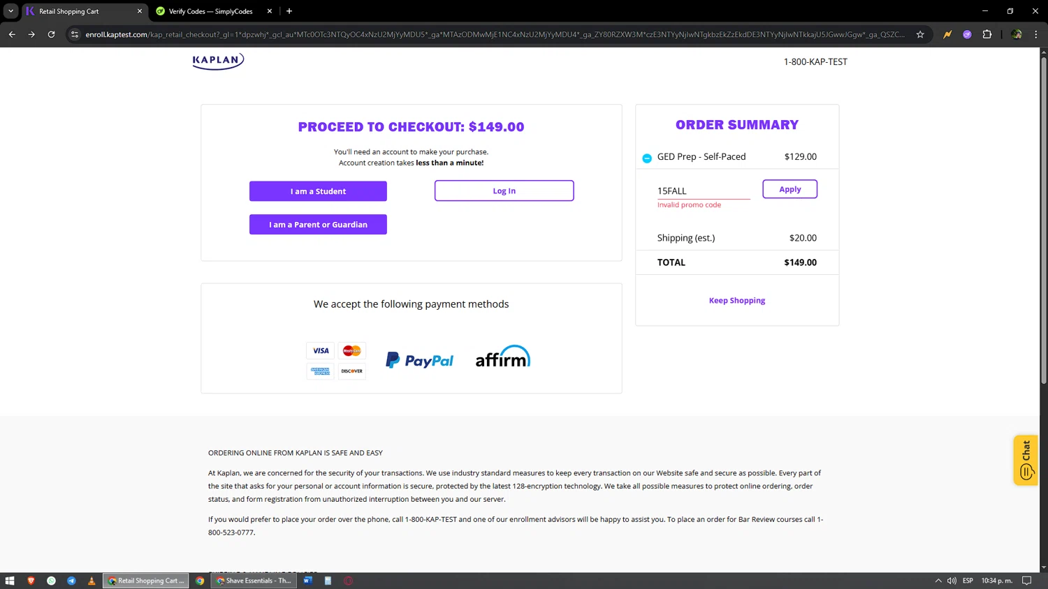 Kaplan promo code screenshot showing code 15FALL applied at Kaplan checkout page. Uploaded by SimplyCodes community member yonaiker on Aug 27, 2025