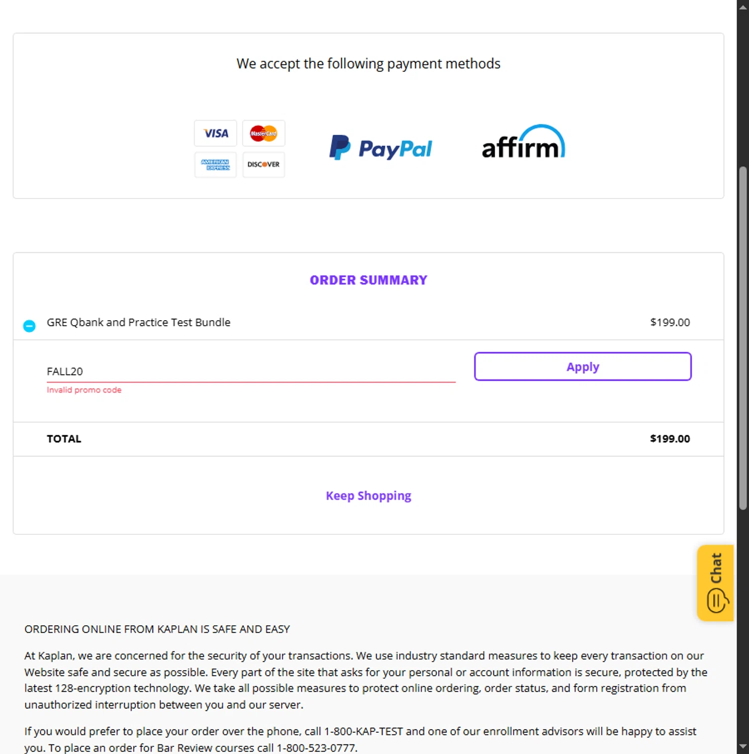 Kaplan promo code screenshot showing code FALL20 applied at Kaplan checkout page. Uploaded by SimplyCodes community member Beaaalmera on Aug 23, 2025