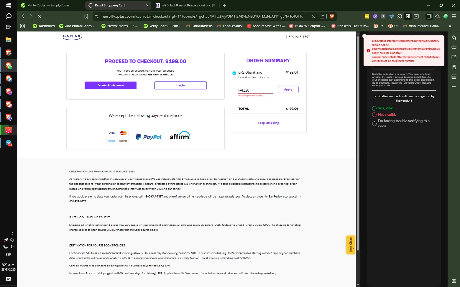 Kaplan promo code screenshot showing code FALL20 applied at Kaplan checkout page. Uploaded by SimplyCodes community member ilarrazaM5 on Aug 23, 2025