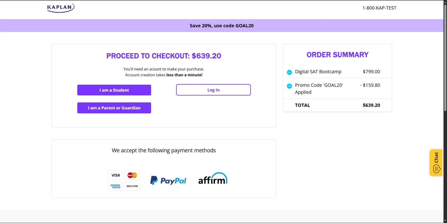 Kaplan promo code screenshot showing code GOAL20 applied at Kaplan checkout page. Uploaded by SimplyCodes community member Depressive on Aug 9, 2025