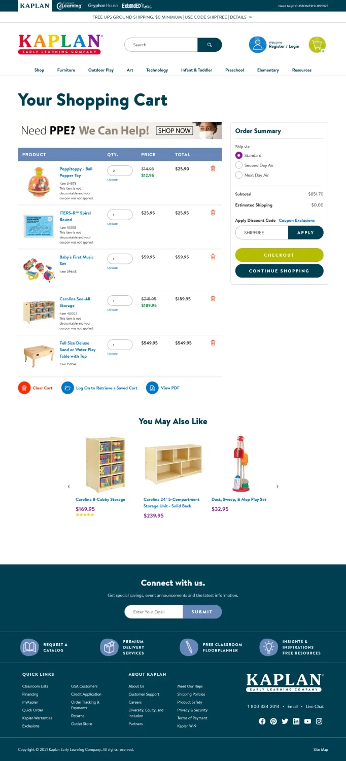 Kaplan Early Learning Company checkout page showing Kaplan Early Learning Company promo code box | Screenshot taken by SimplyCodes community member on Jul 28, 2021